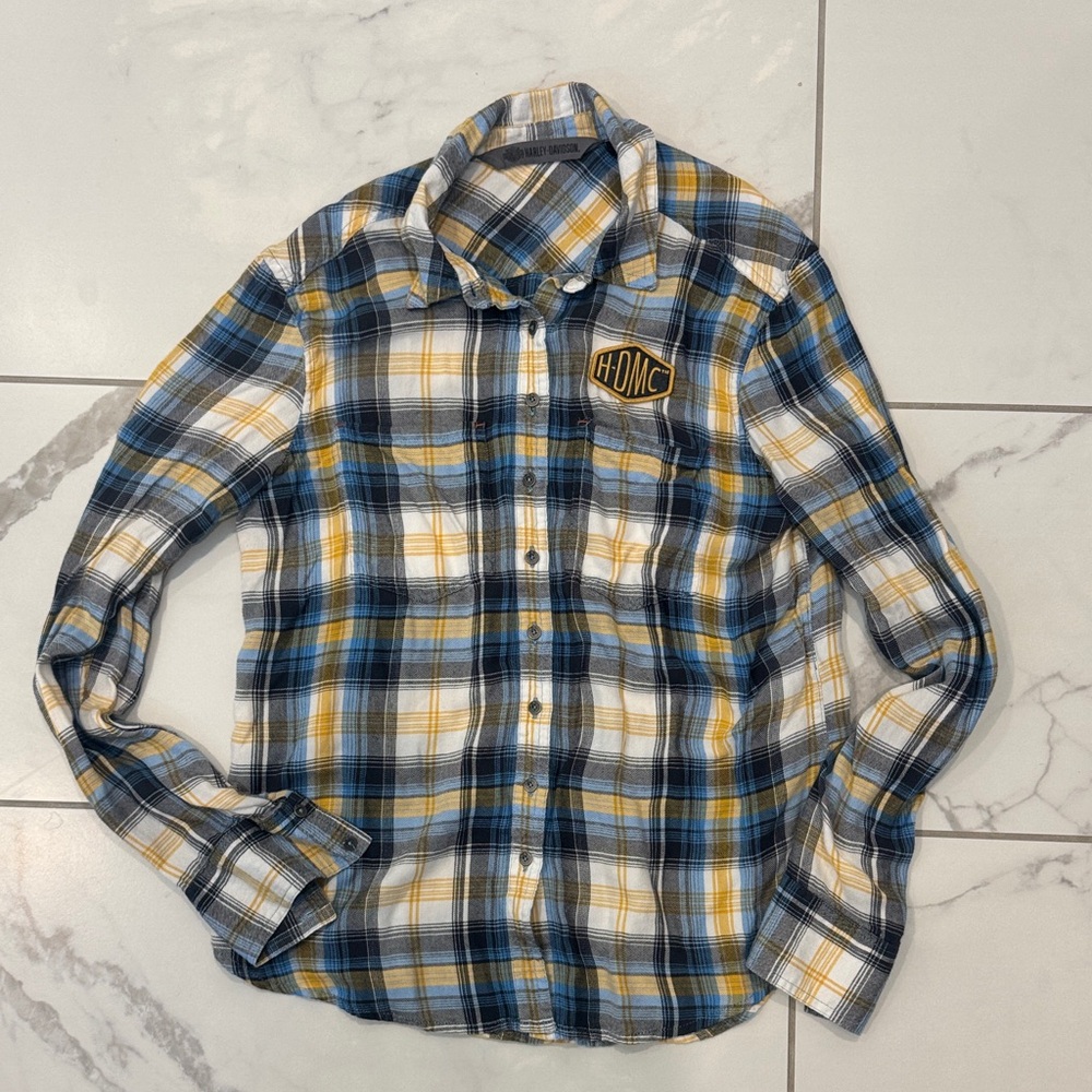 Plaid Button-Up Shirt - Blue, Yellow, White